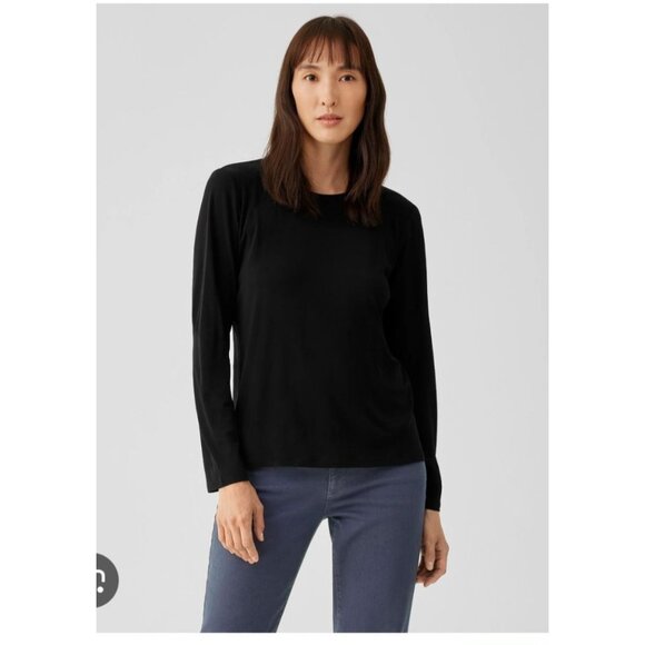 Eileen Fisher Stretch Silk Jersey Top 1X Crew Neck Long Sleeve Black - Picture 1 of 9